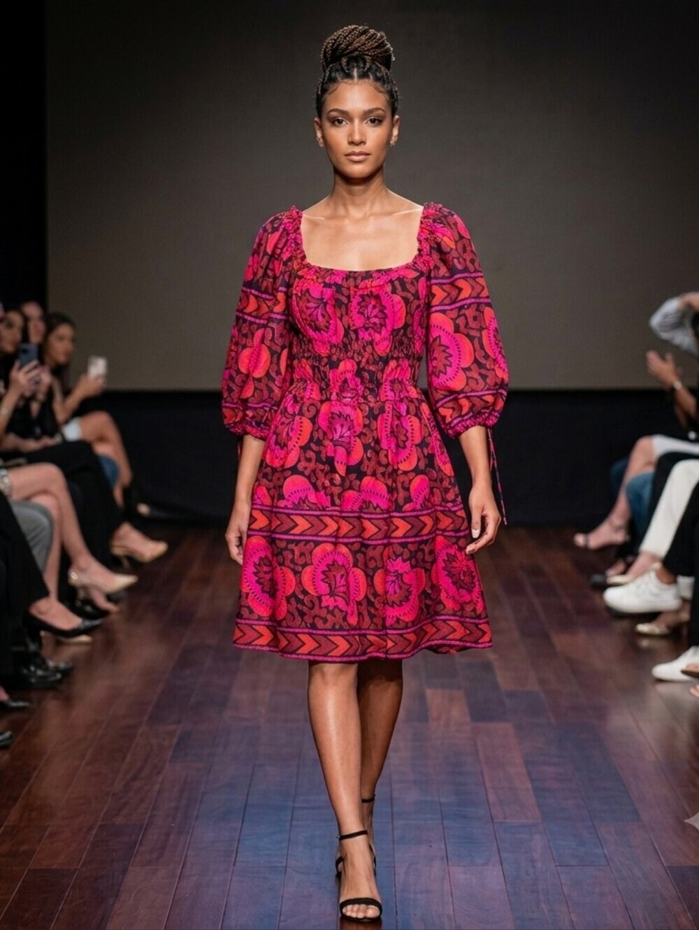 House of Harlow 1960 x Revolve Shania Fuschia Print Dress L Puff Sleeve Pockets